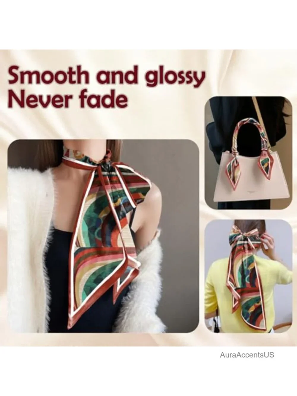 Silk Feeling Satin Neck Scarf Long 59x6.7 in Handbag Decoration Hair Head Scarf